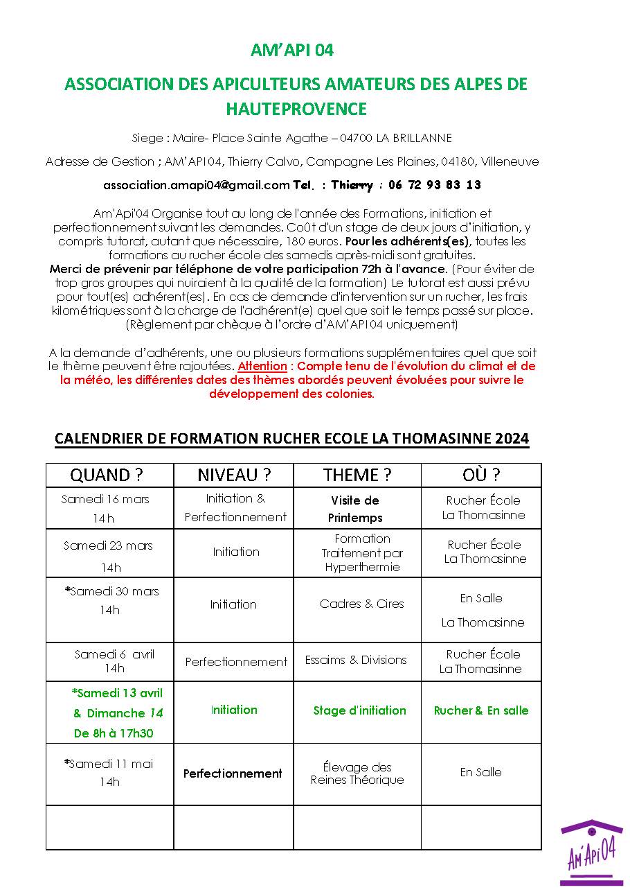 Calendrier de formation au Rucher Ecole La Thomasine 2024 Page 1