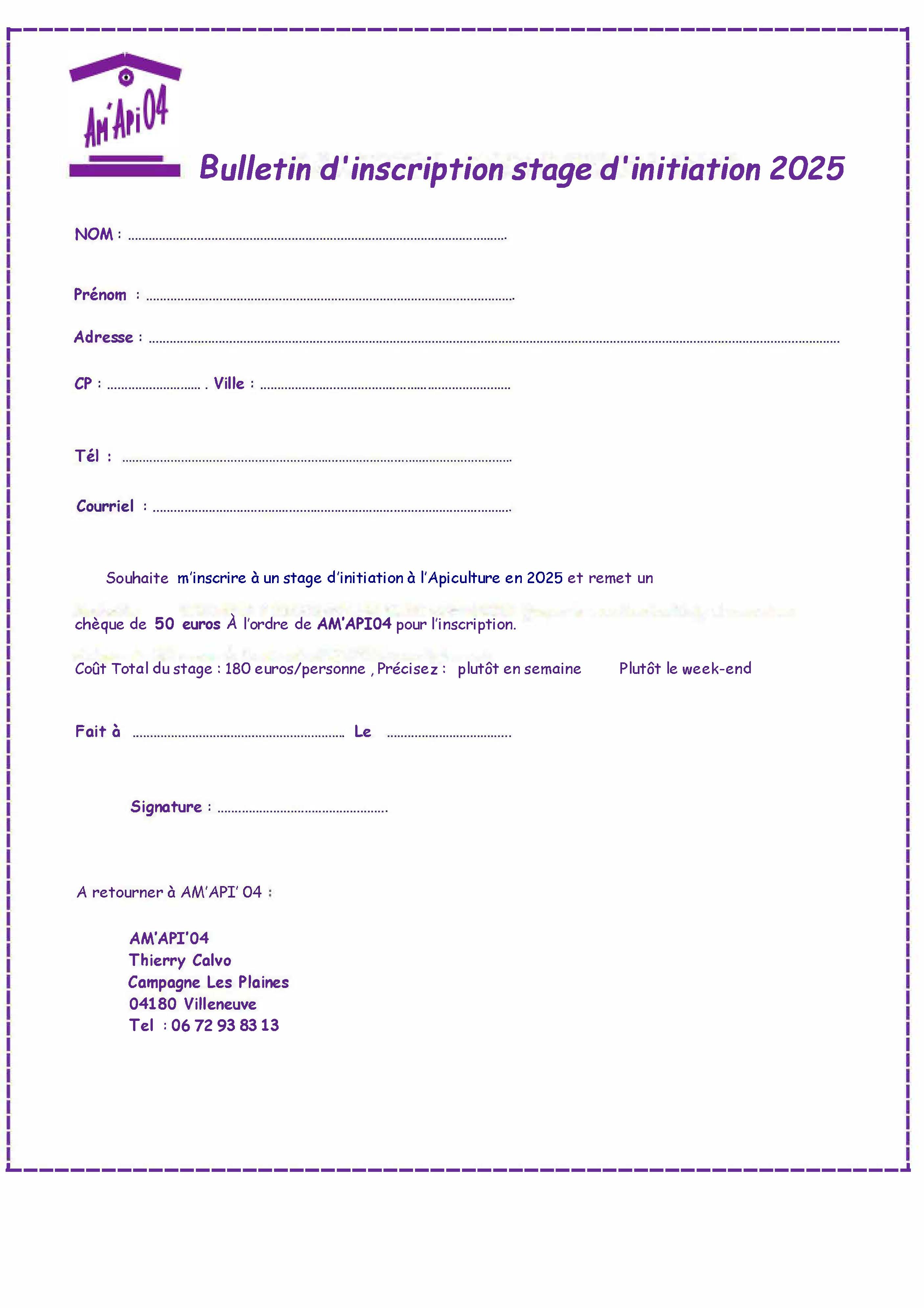 bulletin dinscription stage 2025